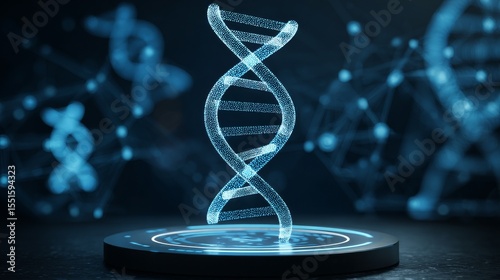 Glowing digital DNA double-helix structure with blue particles on illuminated circular platform, futuristic holographic design, intricate patterns, blurred molecular networks