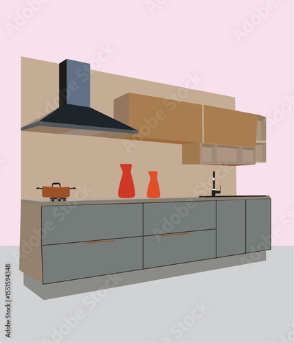 Kitchen room interior with appliances and furniture. Home art. Flat style vector illustration