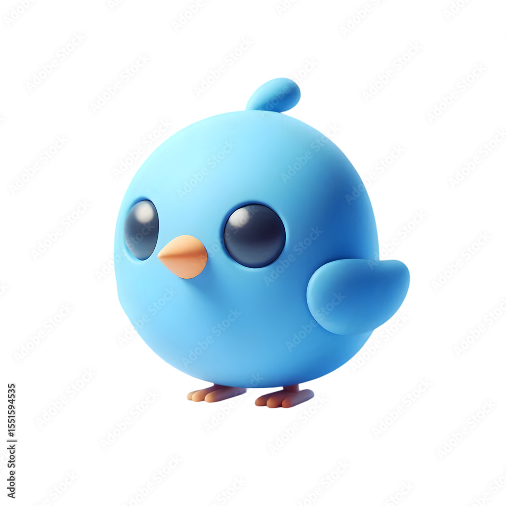 Fototapeta premium Cute 3d cartoon blue bird character with big eyes isolated on transparent background