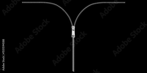 Realistic Silver Zipper Isolated On Black Background, Zip With Puller Vector Illustration.	