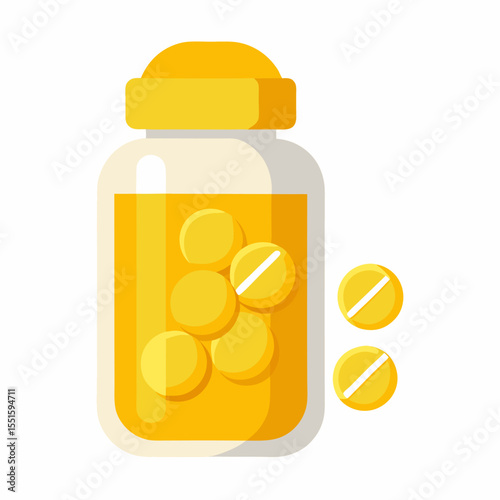 Yellow soft gel capsules in open pill bottle vector on white background.