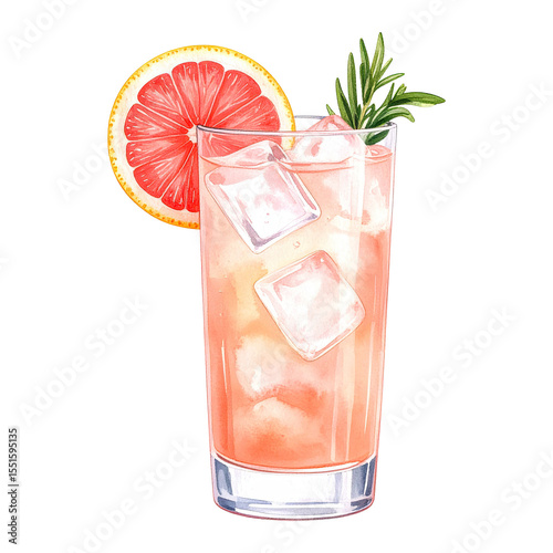Watercolor illustration of a refreshing Paloma cocktail. Cocktail drink watercolor illustration on transparent background.