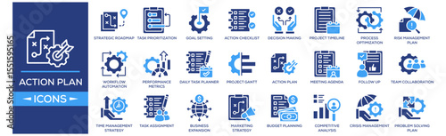 Action Plan icon collection set. Containing design Strategic Roadmap, Task Prioritization, Goal Setting, Action Checklist, Decision Making. Solid icon collection.