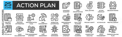 Action Plan icon collection set. Containing design Strategic Roadmap, Task Prioritization, Goal Setting, Action Checklist, Decision Making