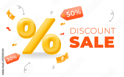 yellow 3d discount percent, flash sale price vector illustration