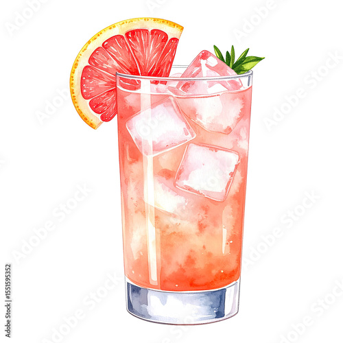 Watercolor illustration of a refreshing Paloma cocktail. Cocktail drink watercolor illustration on transparent background.