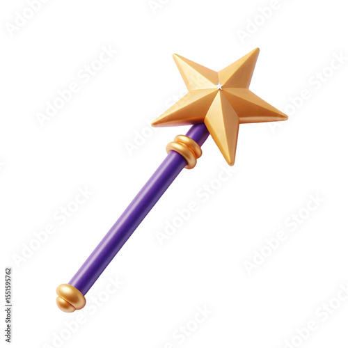 Golden star magic wand with purple handle isolated on transparent background