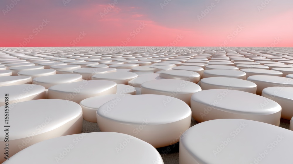 Fototapeta premium White round tablets arranged in rows on a flat surface with a pink and blue gradient sky in the background creating an abstract and endless pattern perspective