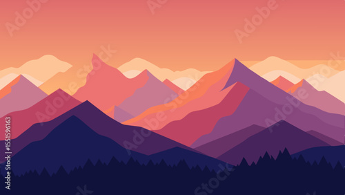 Abstract geometric mountain range landscape at sunset with vibrant colors