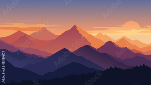Serene mountain range silhouette at sunset with warm orange and purple hues