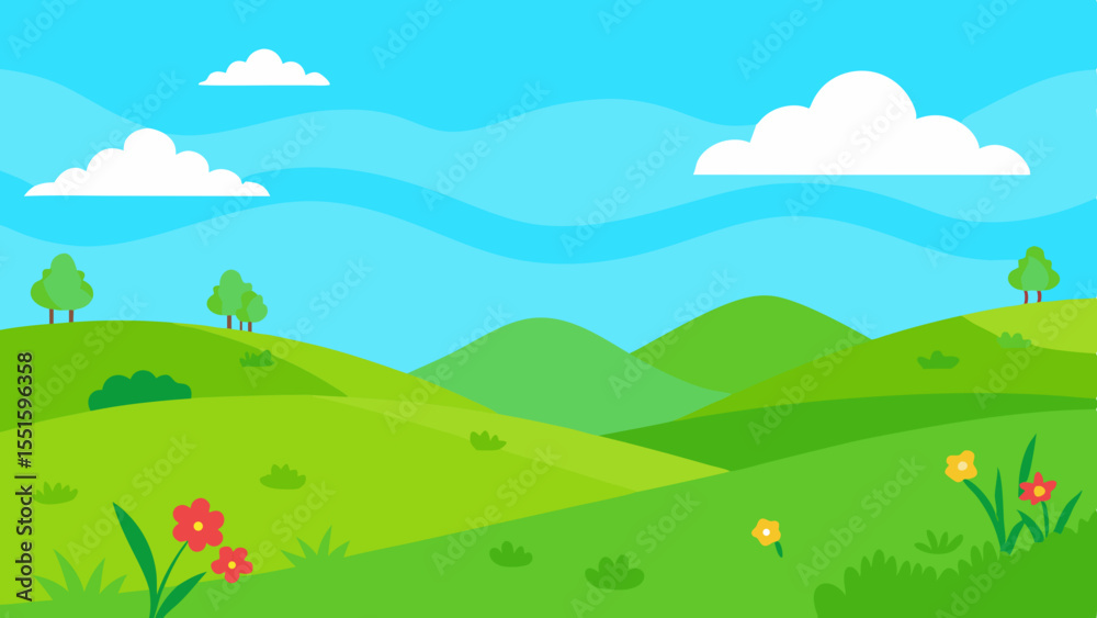Fototapeta premium Vibrant green rolling hills under a bright blue sky with fluffy white clouds