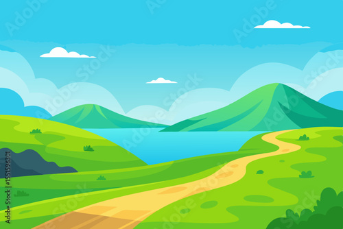 Vibrant cartoon landscape with rolling green hills and a winding path to a lake