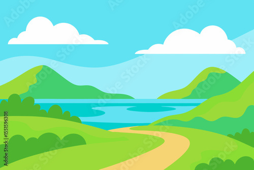 Serene landscape with winding path leading to a calm blue lake