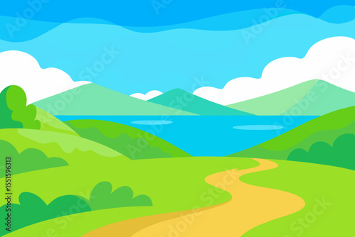 Scenic landscape with rolling green hills a winding path and a tranquil blue lake