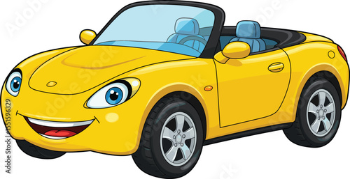 Cartoon illustration of smiling yellow convertible car with blue seats, cute and happy expression, isolated on white background for kids, animation, and design projects