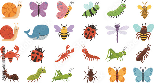Cartoon insects and bugs collection, cute insect vector clipart, colorful bug icons, kids educational illustration, butterfly bee ant snail crab drawing, nature animals design