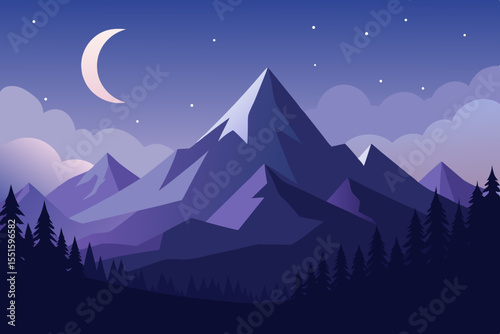Flat design illustration of a majestic mountain range under a crescent moon and starry night sky