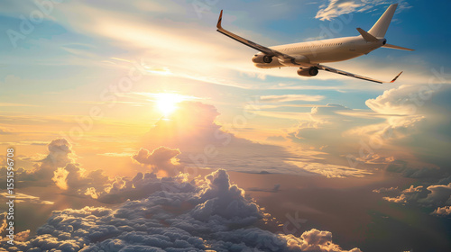 Airplane is flying in colorful sky over city . White passenger airplane flying in the sky amazing clouds in the background - Travel by air transport. Modern passenger aircraft. Passenger flights