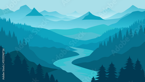 Serene blue mountain valley with winding river and pine trees