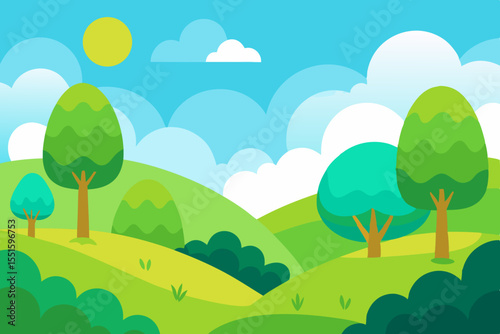 Vibrant cartoon landscape with rolling green hills trees and a bright sun