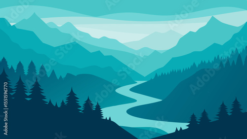 Serene mountain valley with a winding river and evergreen forest landscape