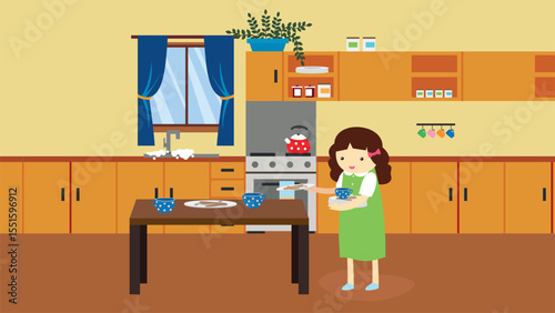 Little girl washing dishes in the kitchen. Flat design vector illustration.