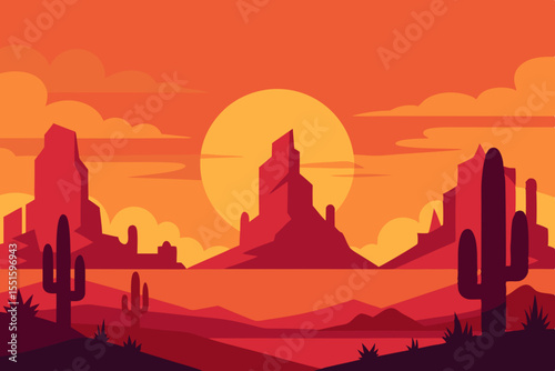 Vibrant desert landscape with cacti and rock formations at sunset