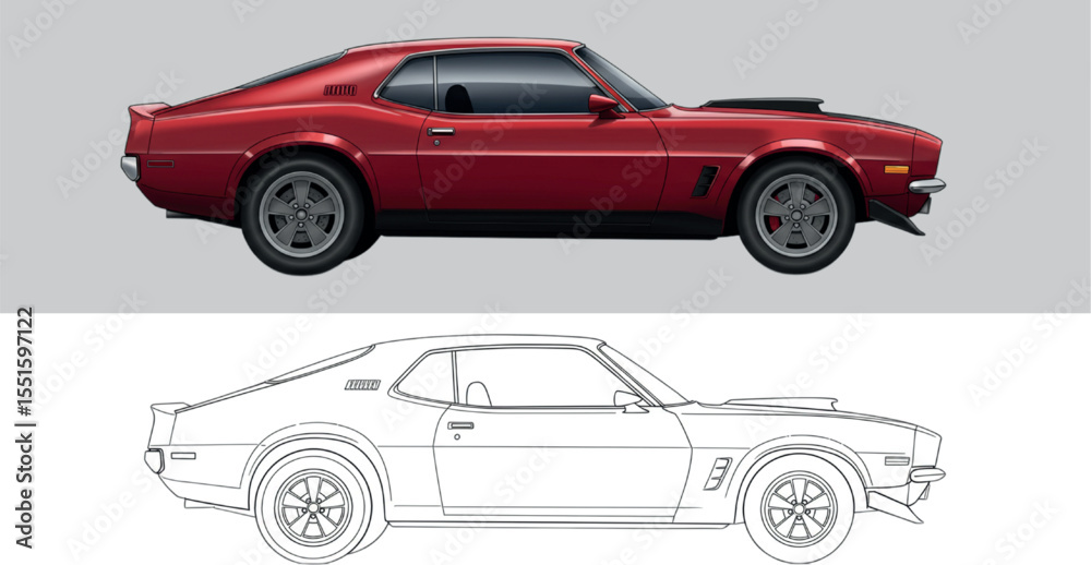 Fototapeta premium Vintage Two-Door Muscle Car in Glossy Red and Line Art – Side Profile Rendering with Hood Scoop and Sport Rims