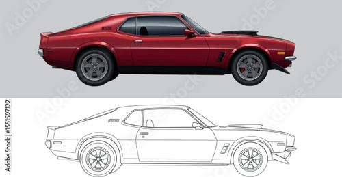 Vintage Two-Door Muscle Car in Glossy Red and Line Art – Side Profile Rendering with Hood Scoop and Sport Rims