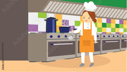 Illustration of a female chef standing in front of a kitchen counter