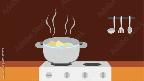 Cooking pot on the stove. Vector illustration in flat style.