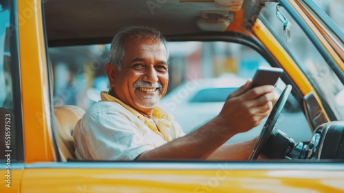 Smiling taxi driver with smartphone behind the wheel in urban setting