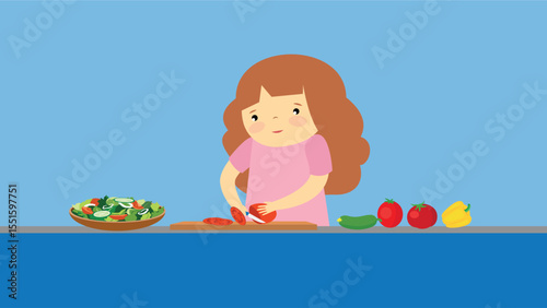 Illustration of a Little Girl Preparing a Vegetable Salad.