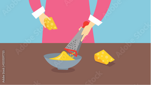Chef grating cheese in a bowl. Flat style vector illustration.