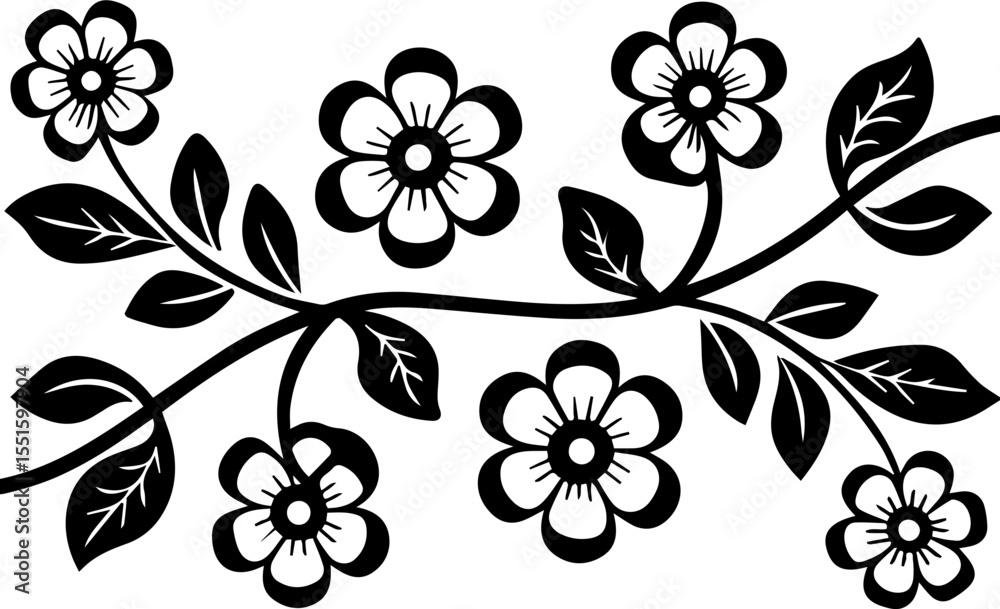 Fototapeta premium Flowers for decoration in many styles, SVG with clean lines.Black and White Floral Design with Leaves and Flowers