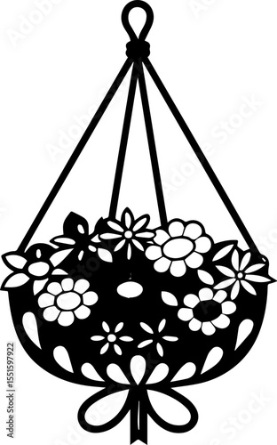 Flowers for decoration in many styles, SVG with clean lines.Elegant Hanging Planter with Beautiful Floral Design