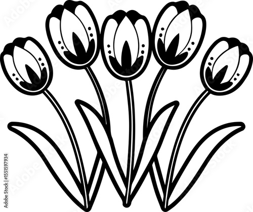 Flowers for decoration in many styles, SVG with clean lines.Black and White Tulip Illustration for Floral Design Projects
