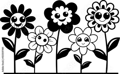 Flowers for decoration in many styles, SVG with clean lines.Happy Cartoon Flowers with Smiling Faces in Black and White