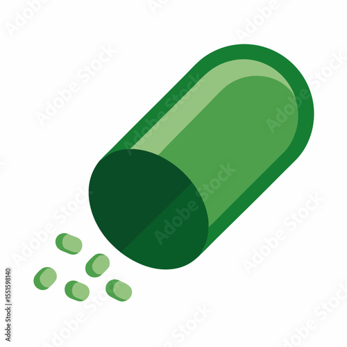 Green powdered dietary supplement spilling out of open capsule vector on white background.