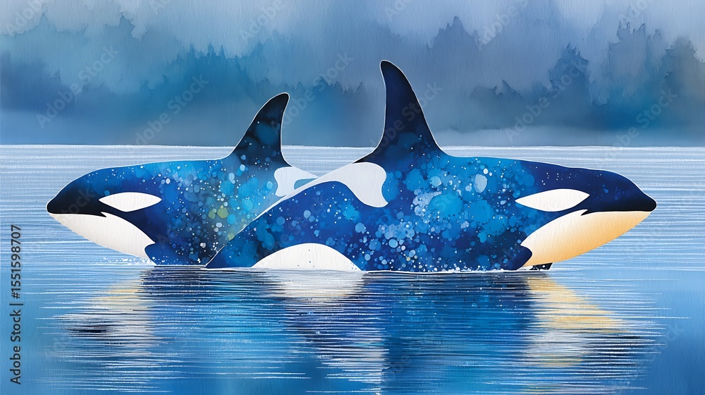 Obraz premium Serene Watercolor Art of Orca Mother and Calf Swimming in Calm Ocean Waters