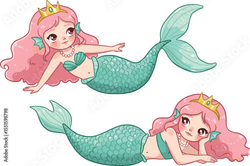 Cute cartoon mermaid princess, pink hair character, underwater fantasy girl, smiling magical sea creature, adorable illustration, turquoise tail, crown, ocean life, kids art