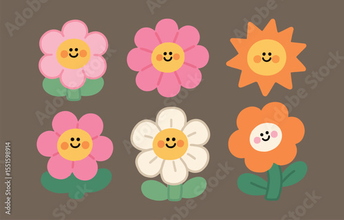 A Collection of Six Cute Cartoon Flowers with Smiling Faces in Pink Orange and White Hues