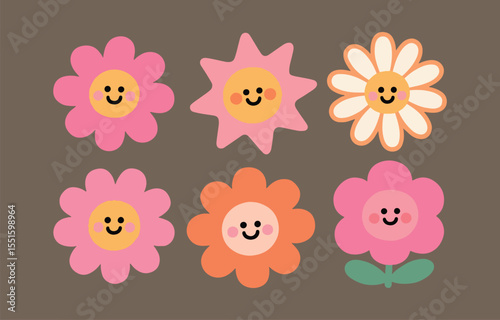 Collection of Whimsical Smiling Flowers in Retro Style with Pink Orange and Cream Colors on Brown Background