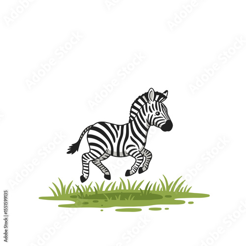 Cartoon Zebra Trotting Through Green Grass Black and White Stripes.