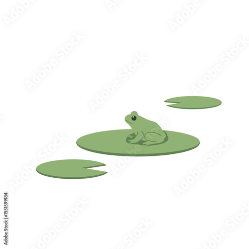 Stylized Green Frog Sitting on a Lily Pad with Two Additional Pads.