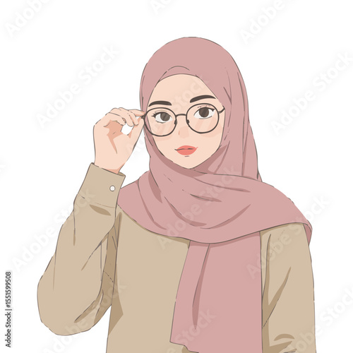 Muslim Girl in Hijab Adjusting Glasses, Flat Vector Illustration
