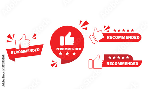 Set of red recommended icons with thumbs up and star ratings, ideal for product labels, reviews, badges, or promotional marketing visuals. Clean, flat vector design with strong approval symbols.