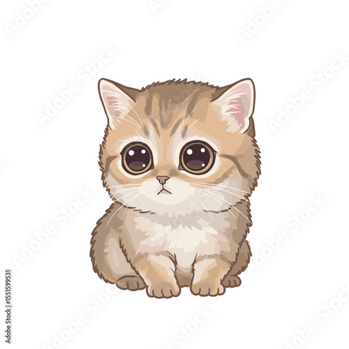 Adorable Kitten with Large Eyes and Soft Fluffy Fur Sitting Patiently.