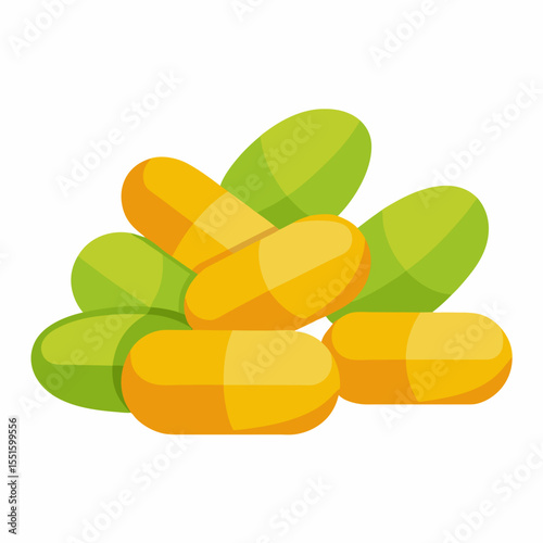 Nature supplements. Heap of herbal pills vector on white background.
