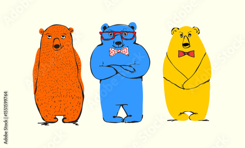 Cartoon vector illustration of cool bears wearing sunglasses and bow ties. Isolated on white background. Template for print
